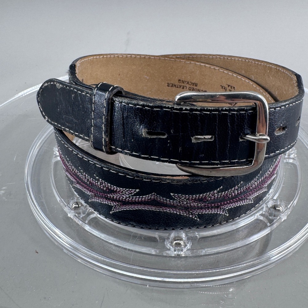 Tony Lama Mens Western Leather Belt Stitched Black Purple Made in USA Size 34